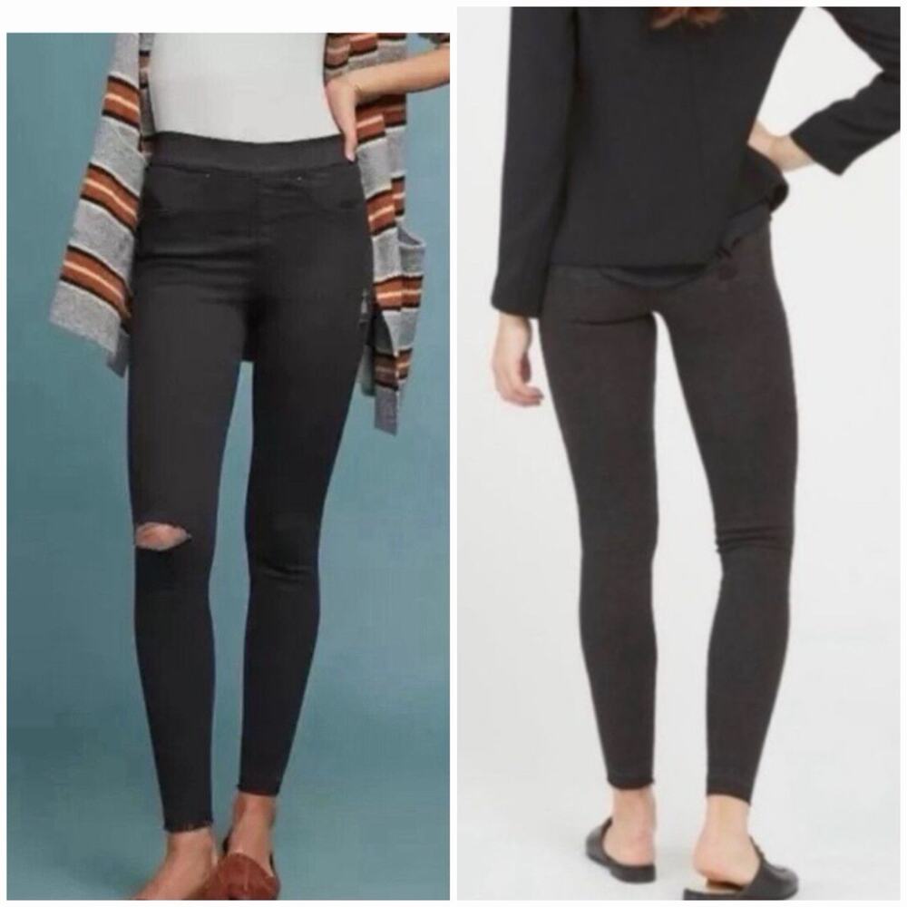 SPANX Black Distressed Skinny Jeans Large Pull On High Rise Raw Hem